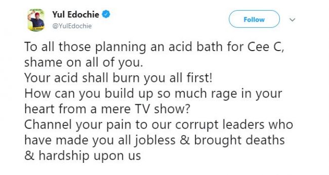 Yul Edochie adds his voice to threat of acid bath on #BBNaija’s Cee-C 