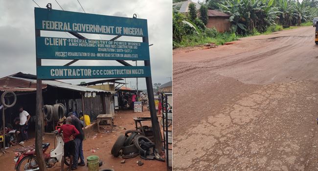 Signboard showing the Oba-Nnewi Road project and Failed section of the road