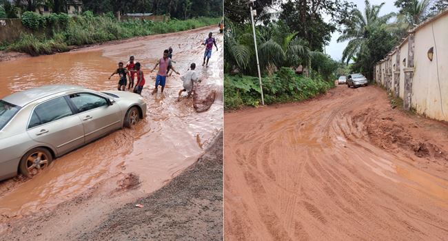 Youths showing car owners how to manoeuvre the potholes Cars plying through internal roads